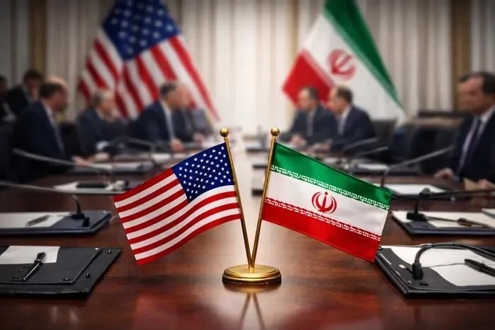 Флаг США и Ирана на фоне переговоров, Ближний Восток